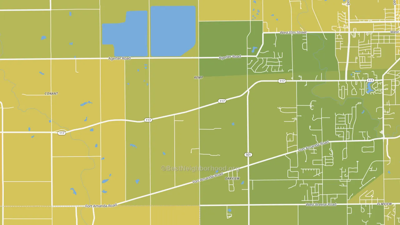 Map of the best neighborhoods in the Kemp area, with better matches in green and worse matches in red