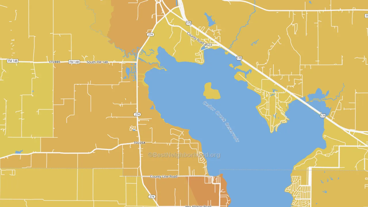 Map of the best neighborhoods in the Kemp area, with better matches in green and worse matches in red