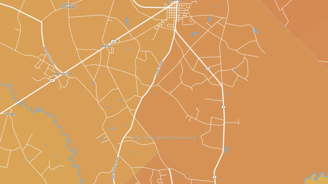 Map of the best neighborhoods in the Kemper area, with better matches in green and worse matches in red