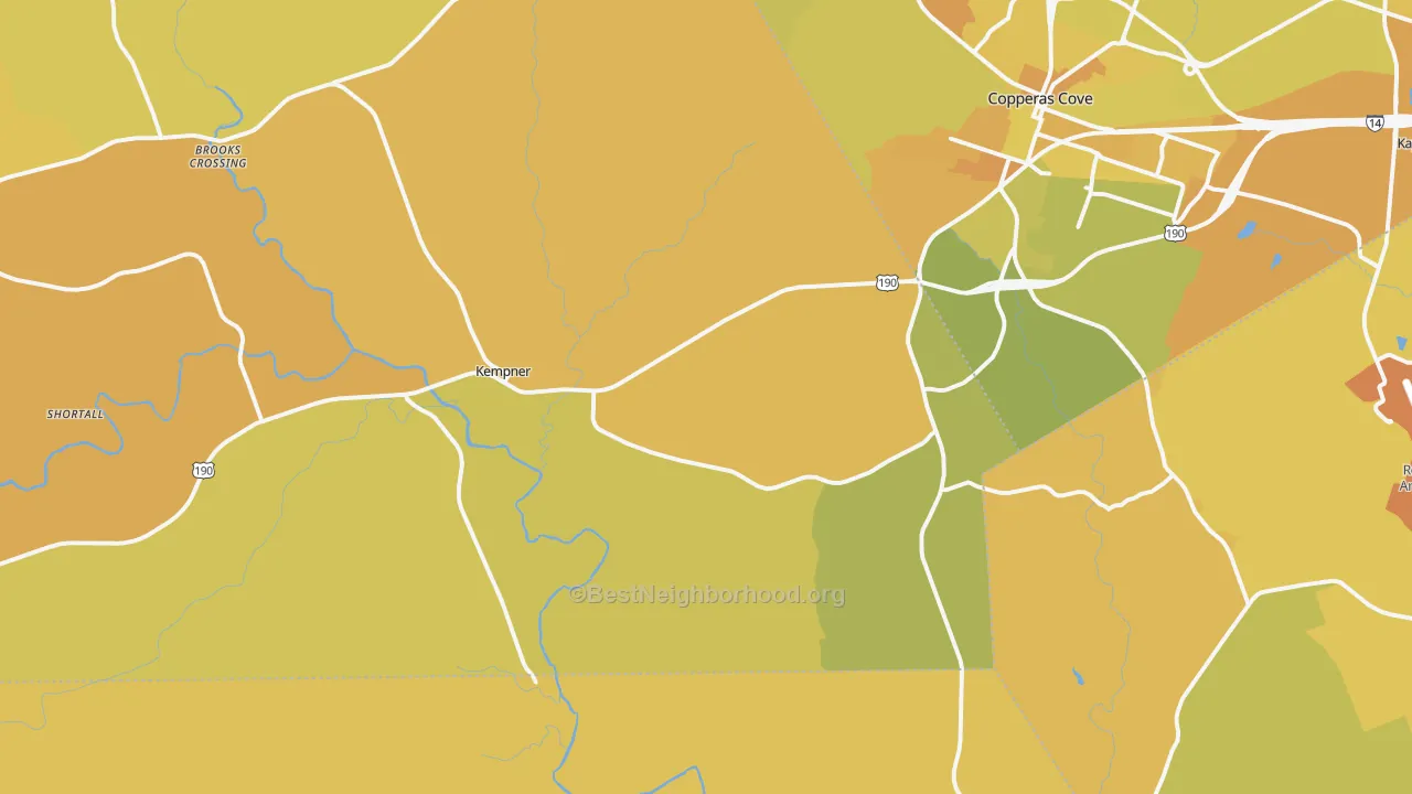 Map of the best neighborhoods in the Kempner area, with better matches in green and worse matches in red