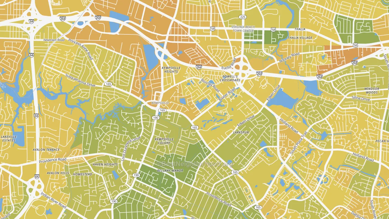 Map of the best neighborhoods in the Kempsville Gardens, Virginia Beach area, with better matches in green and worse matches in red