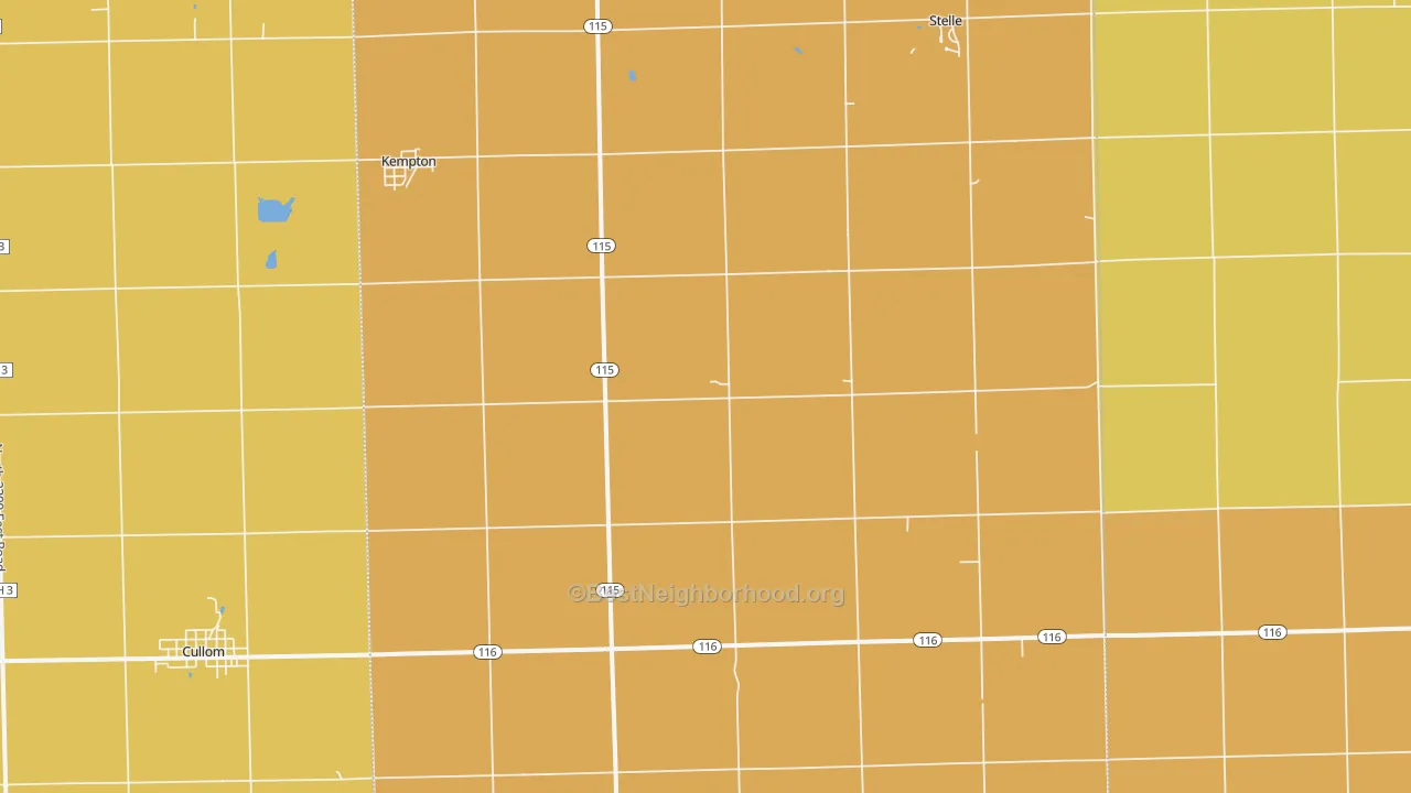 Map of the best neighborhoods in the Kempton area, with better matches in green and worse matches in red