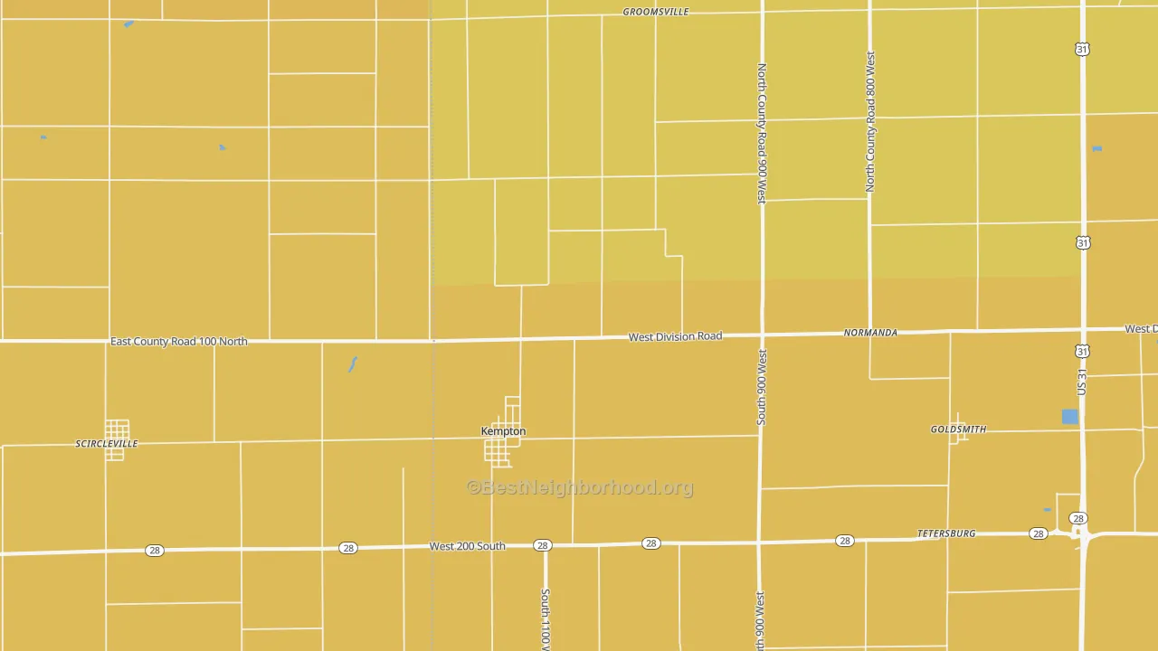 Map of the best neighborhoods in the Kempton area, with better matches in green and worse matches in red