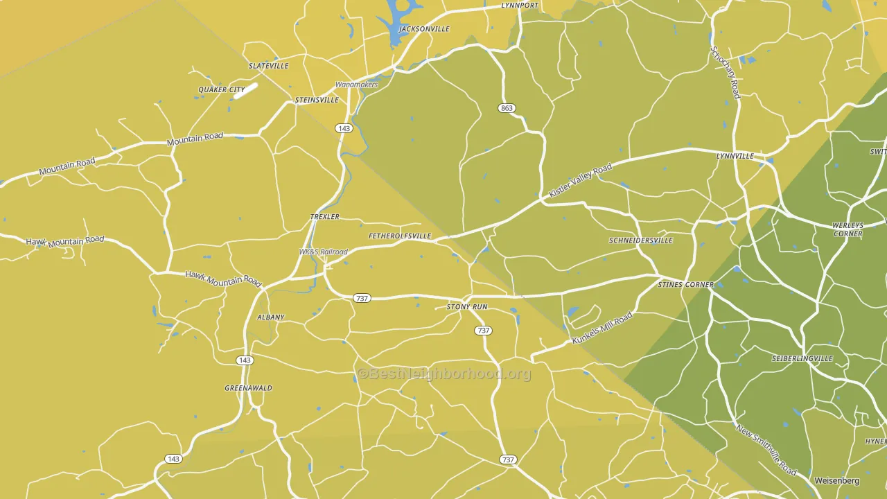 Map of the best neighborhoods in the Kempton area, with better matches in green and worse matches in red