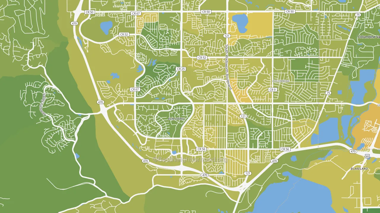 Map of the best neighborhoods in the Ken Caryl area, with better matches in green and worse matches in red