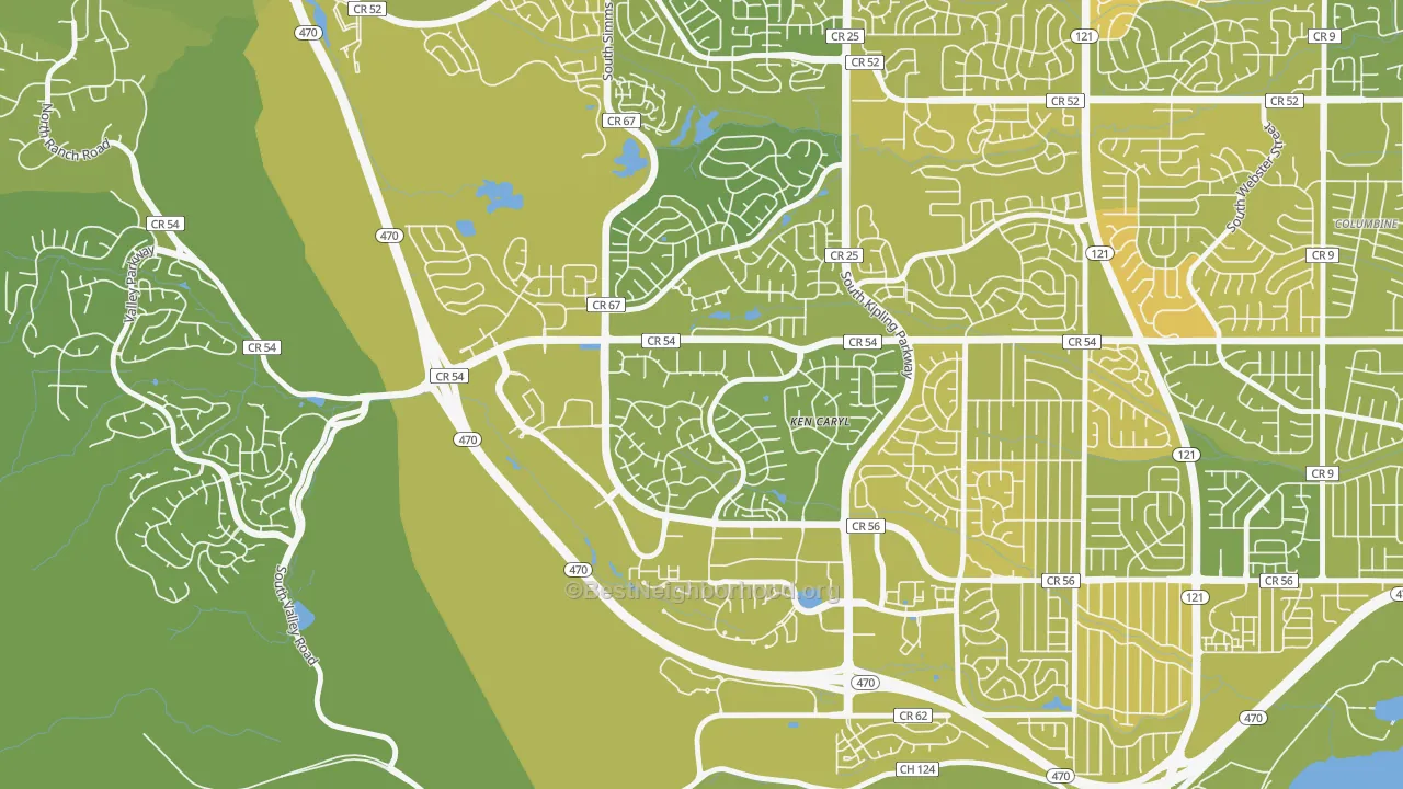 Map of the best neighborhoods in the Ken Caryl Ranch Plains, Ken Caryl area, with better matches in green and worse matches in red