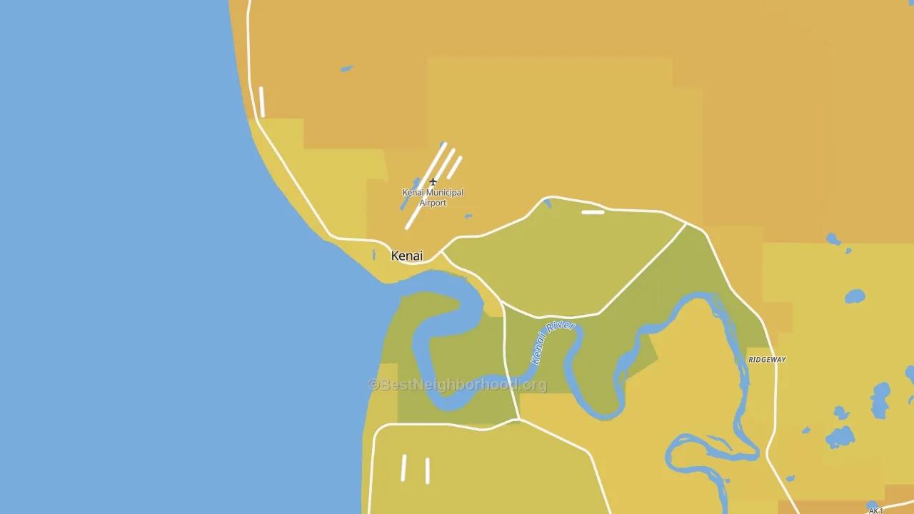 Map of the best neighborhoods in the Kenai area, with better matches in green and worse matches in red