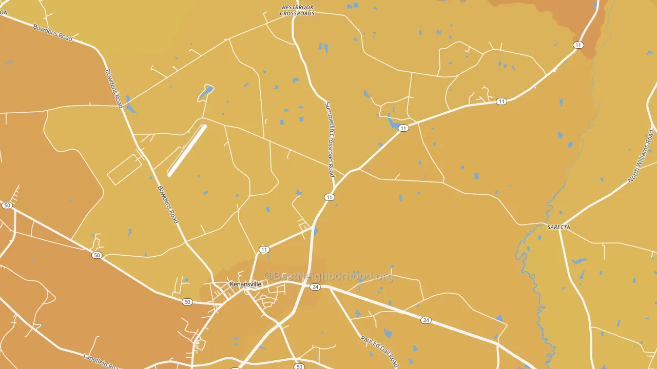 Map of the best neighborhoods in the Kenansville area, with better matches in green and worse matches in red