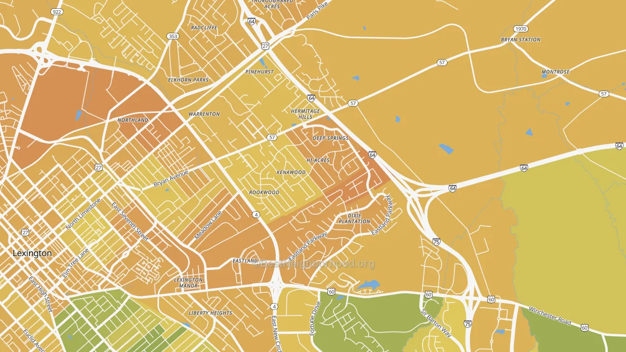 Map of the best neighborhoods in the Kenawood-Rockwood, Lexington area, with better matches in green and worse matches in red
