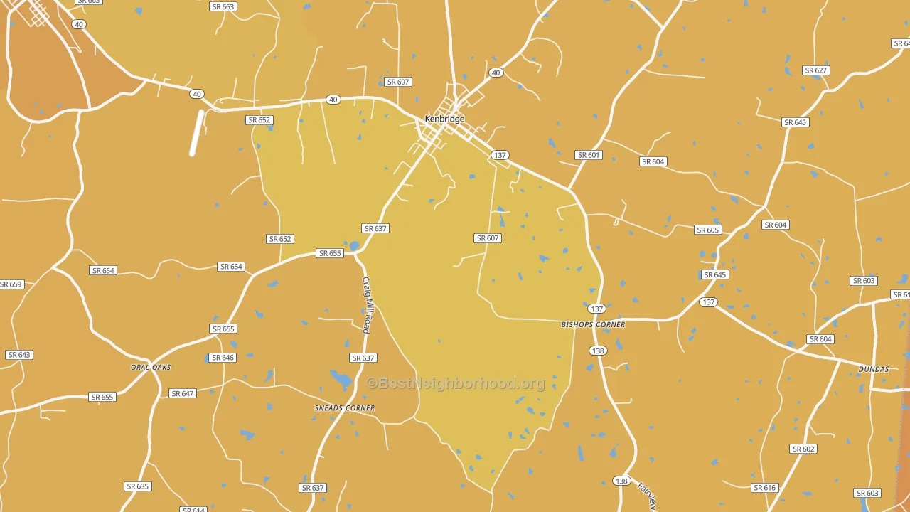 Map of the best neighborhoods in the Kenbridge area, with better matches in green and worse matches in red