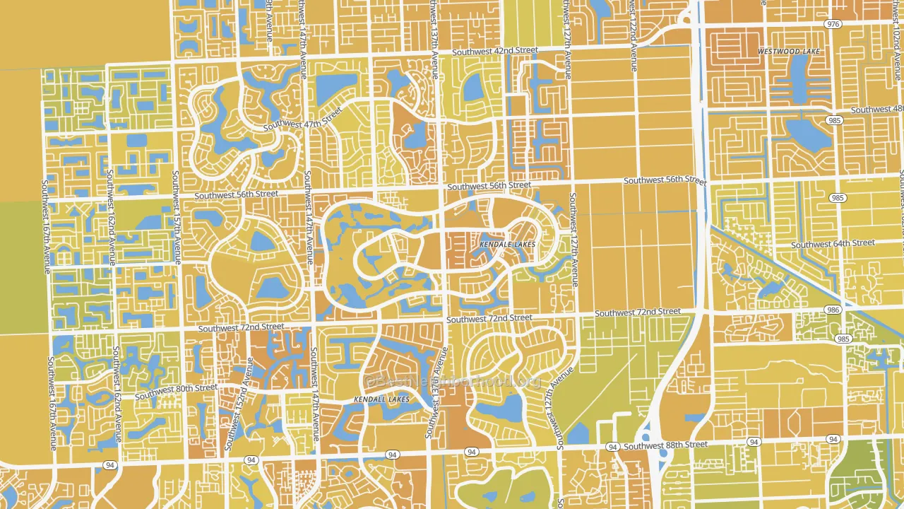 Map of the best neighborhoods in the Kendale Lakes area, with better matches in green and worse matches in red