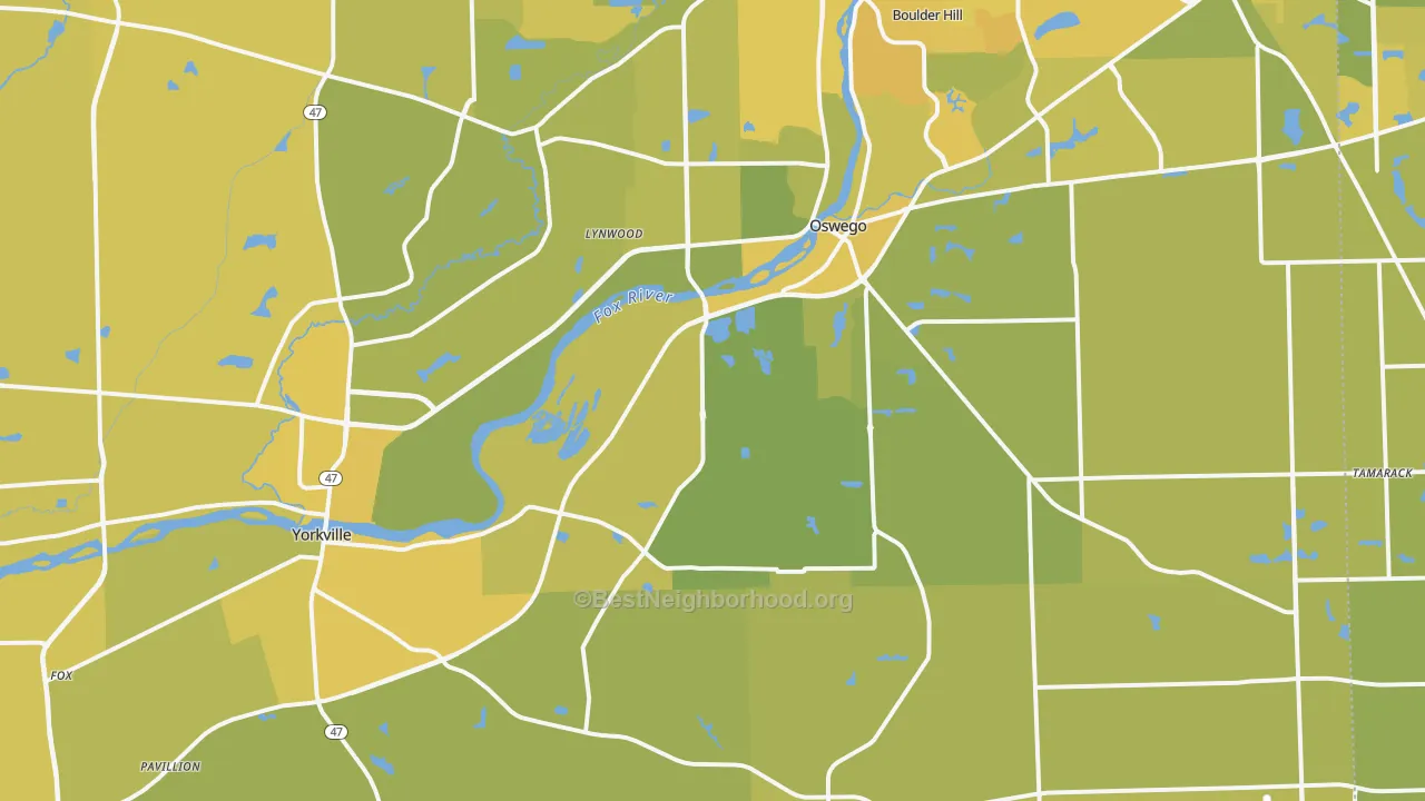 Map of the best neighborhoods in the Kendall County area, with better matches in green and worse matches in red