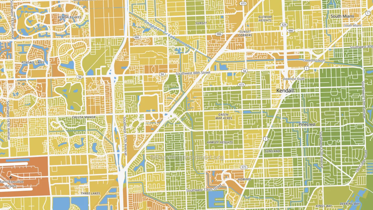 Map of the best neighborhoods in the Kendall area, with better matches in green and worse matches in red
