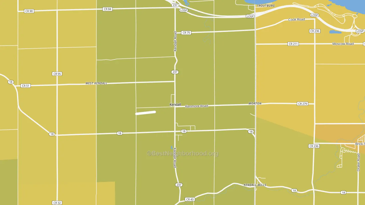 Map of the best neighborhoods in the Kendall area, with better matches in green and worse matches in red