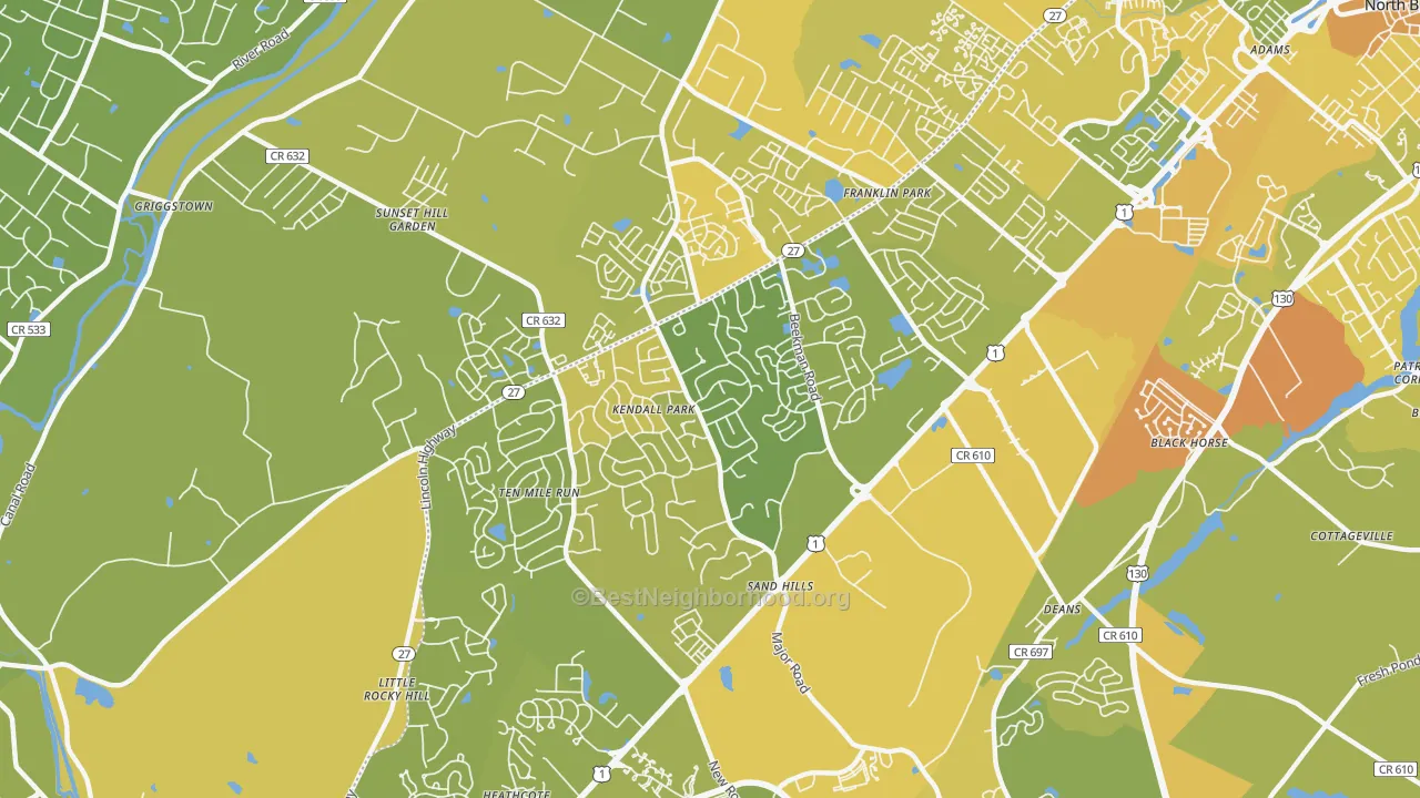 Map of the best neighborhoods in the Kendall Park area, with better matches in green and worse matches in red