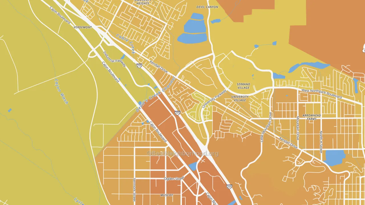 Map of the best neighborhoods in the Kendall, San Bernardino area, with better matches in green and worse matches in red