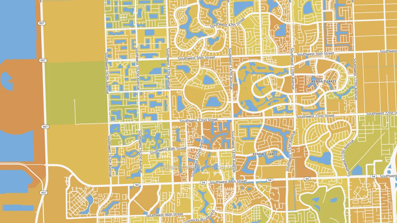 Map of the best neighborhoods in the Kendall West area, with better matches in green and worse matches in red