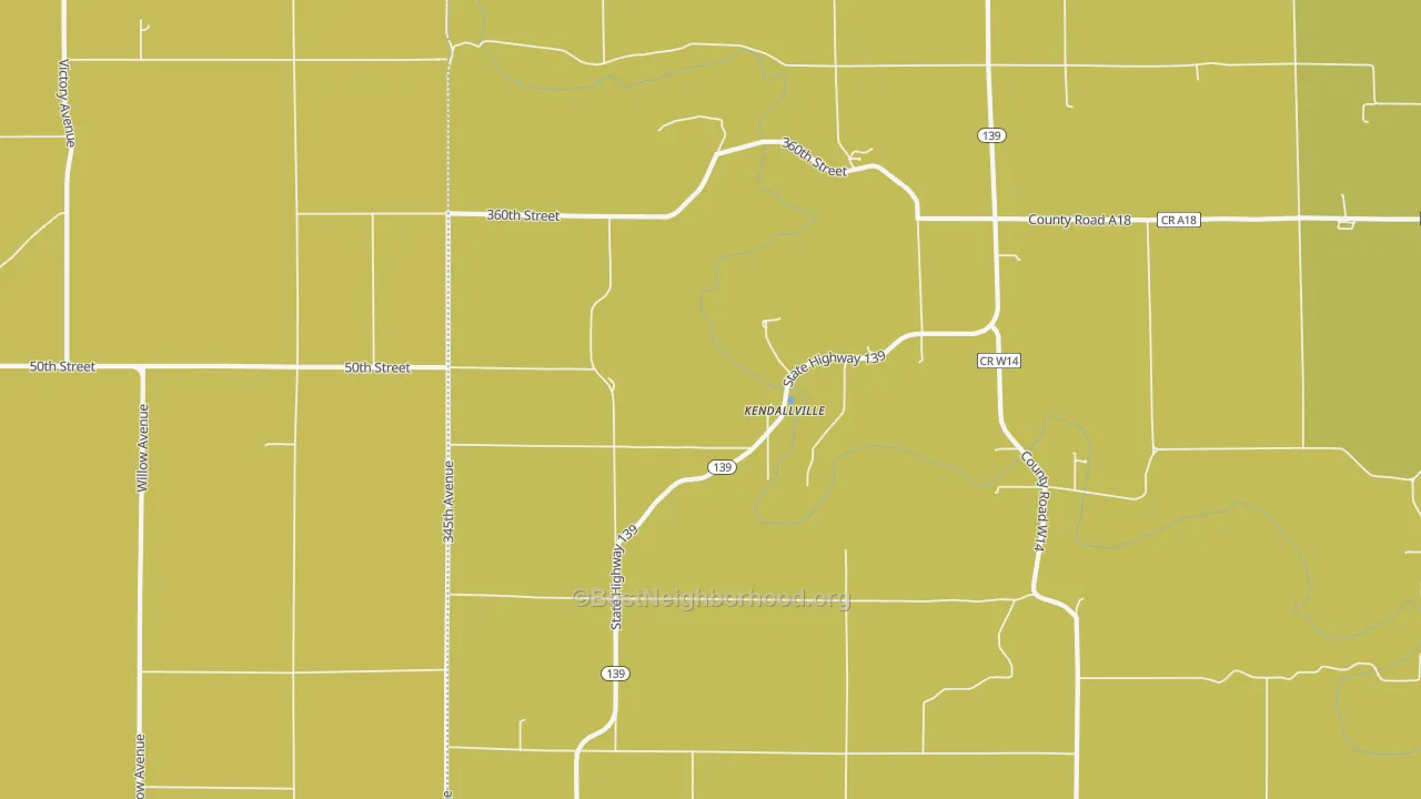 Map of the best neighborhoods in the Kendallville area, with better matches in green and worse matches in red