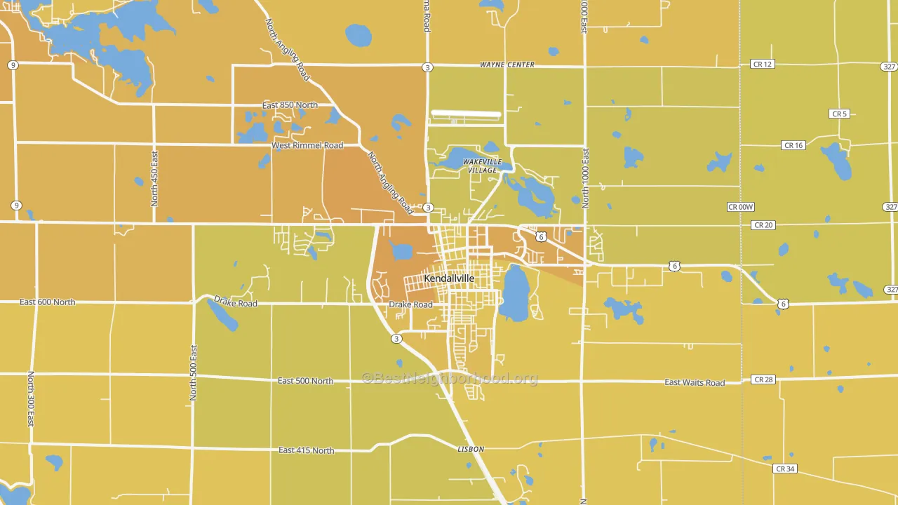 Map of the best neighborhoods in the Kendallville area, with better matches in green and worse matches in red