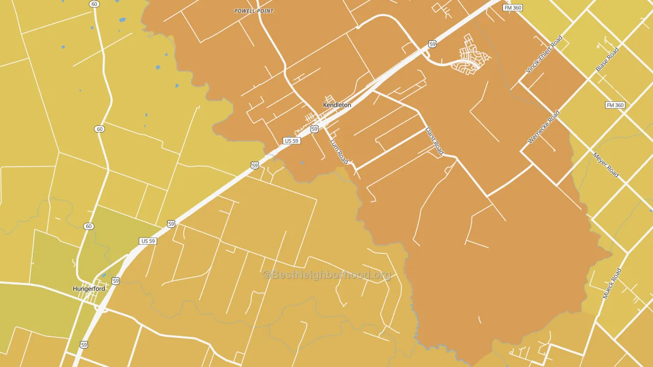 Map of the best neighborhoods in the Kendleton area, with better matches in green and worse matches in red