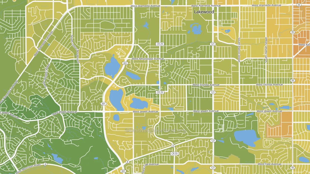 Map of the best neighborhoods in the Kendrick Lake, Lakewood area, with better matches in green and worse matches in red