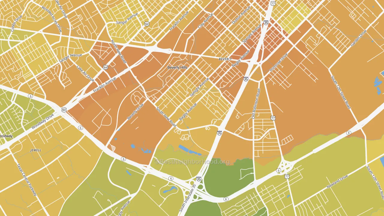 Map of the best neighborhoods in the Kendrick, Waco area, with better matches in green and worse matches in red