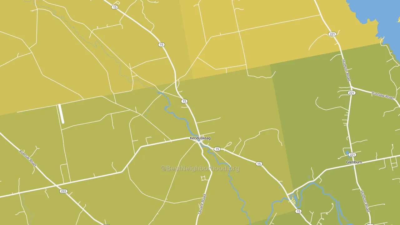Map of the best neighborhoods in the Kenduskeag area, with better matches in green and worse matches in red