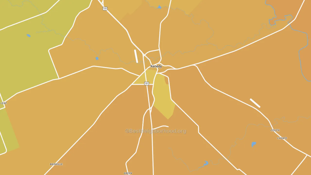 Map of the best neighborhoods in the Kenedy area, with better matches in green and worse matches in red