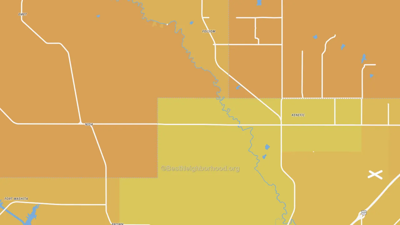 Map of the best neighborhoods in the Kenefic area, with better matches in green and worse matches in red