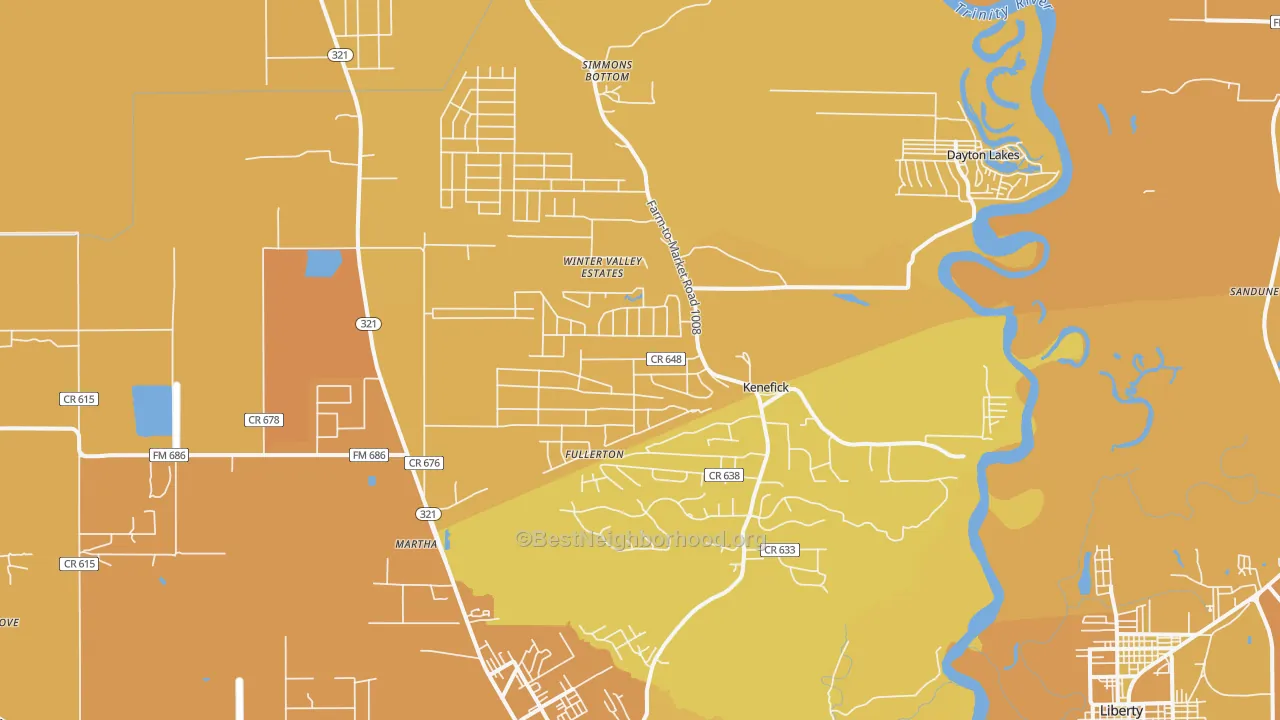 Map of the best neighborhoods in the Kenefick area, with better matches in green and worse matches in red