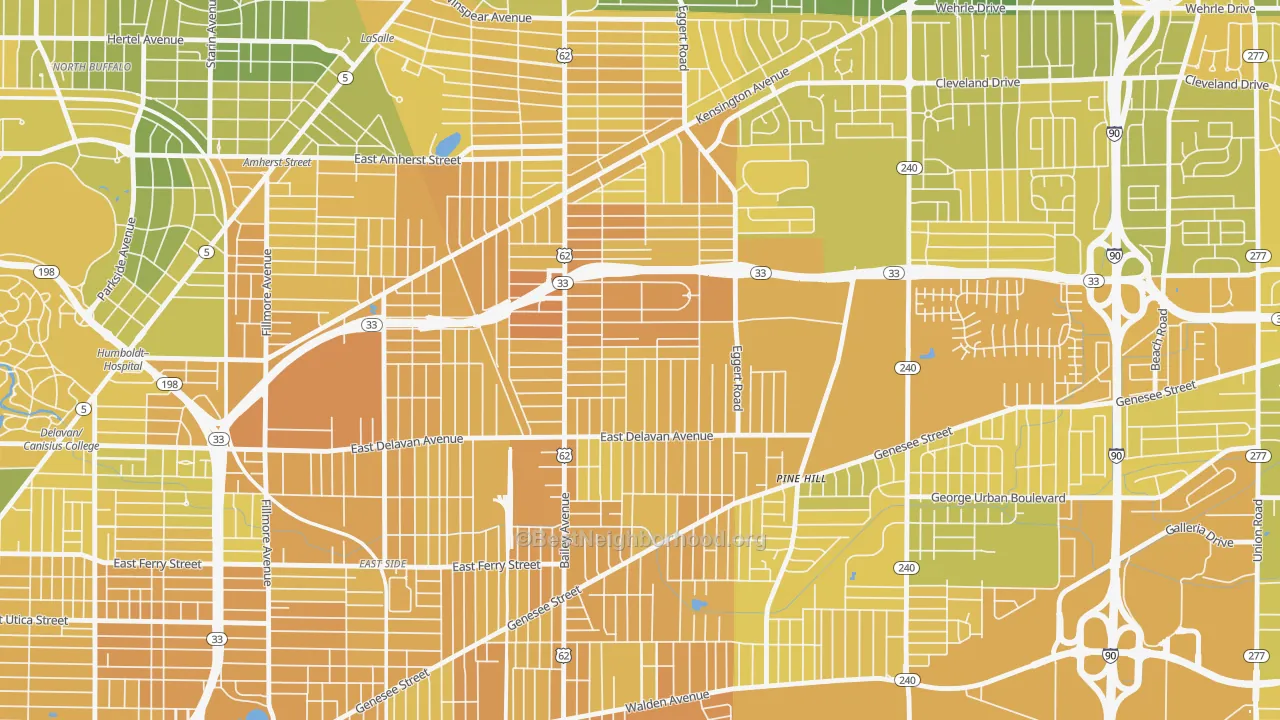 Map of the best neighborhoods in the Kenfield, Buffalo area, with better matches in green and worse matches in red