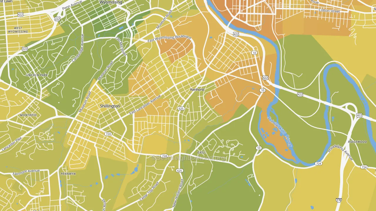 Map of the best neighborhoods in the Kenhorst area, with better matches in green and worse matches in red