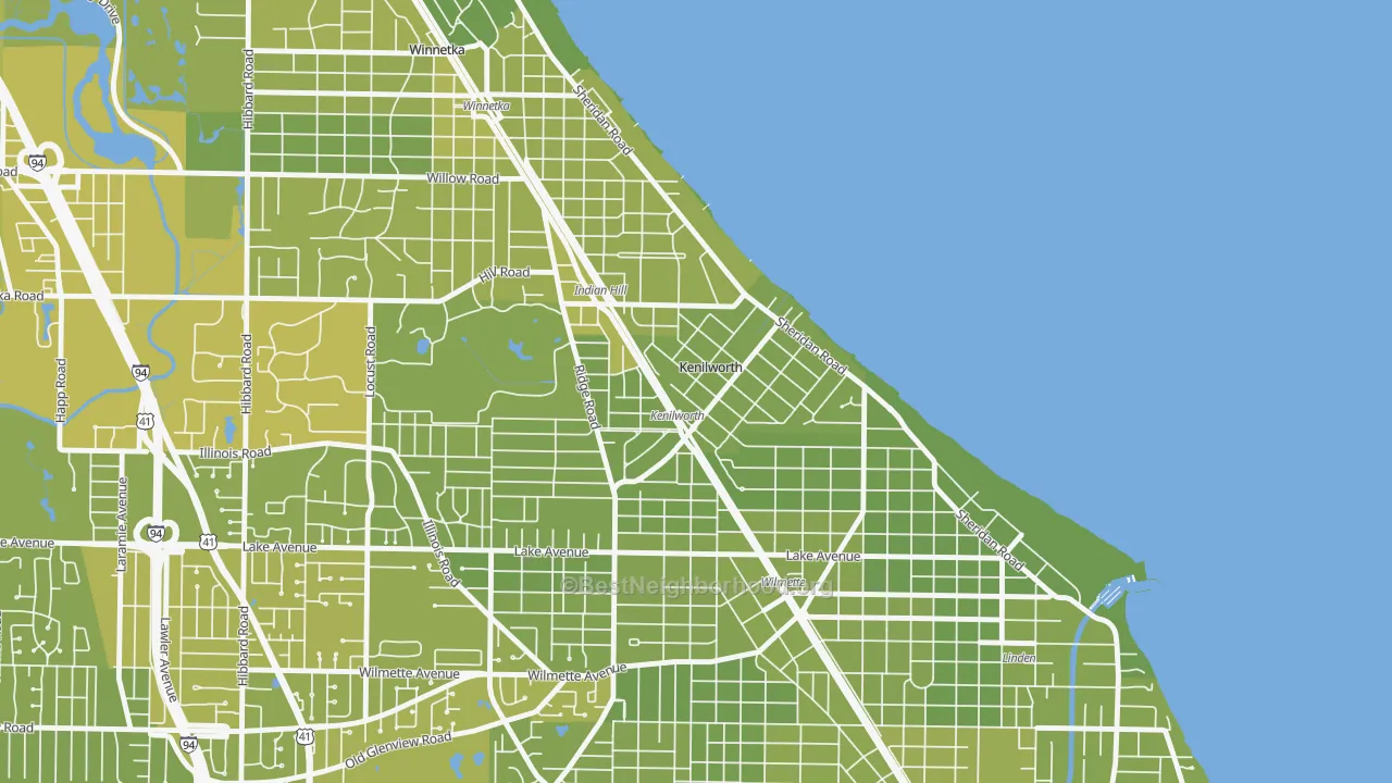 Map of the best neighborhoods in the Kenilworth area, with better matches in green and worse matches in red