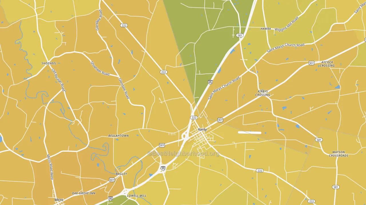 Map of the best neighborhoods in the Kenly area, with better matches in green and worse matches in red