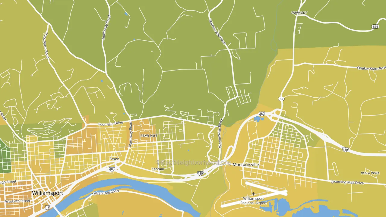 Map of the best neighborhoods in the Kenmar area, with better matches in green and worse matches in red
