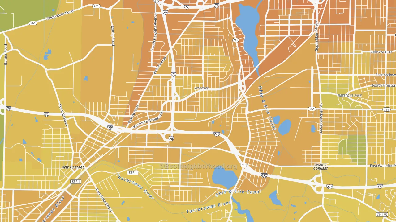Map of the best neighborhoods in the Kenmore, Akron area, with better matches in green and worse matches in red