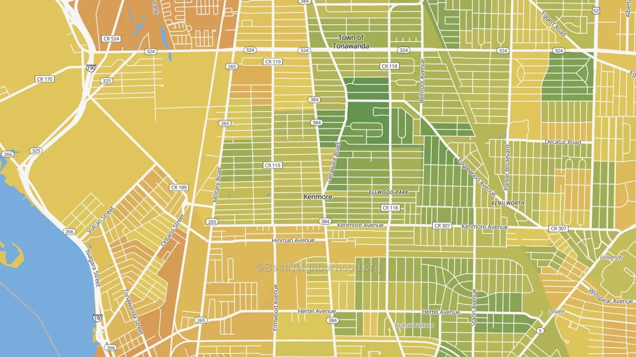 Map of the best neighborhoods in the Kenmore area, with better matches in green and worse matches in red