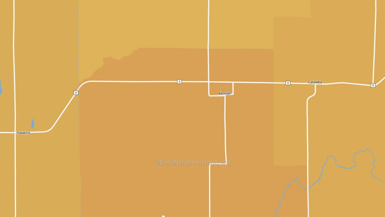 Map of the best neighborhoods in the Kennan area, with better matches in green and worse matches in red