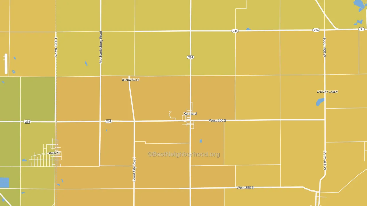 Map of the best neighborhoods in the Kennard area, with better matches in green and worse matches in red