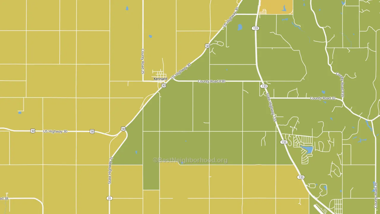 Map of the best neighborhoods in the Kennard area, with better matches in green and worse matches in red