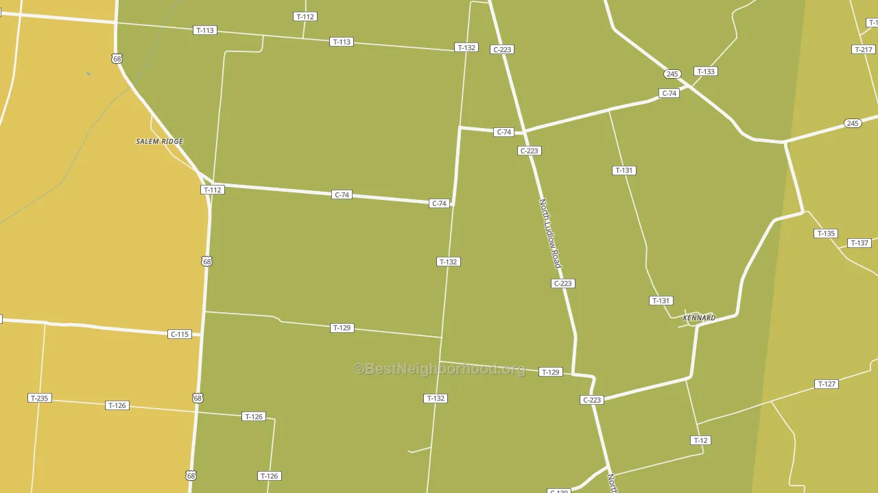 Map of the best neighborhoods in the Kennard area, with better matches in green and worse matches in red