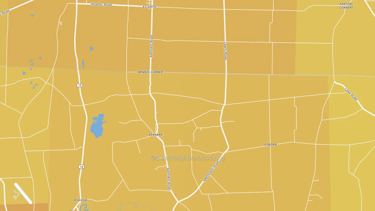 Map of the best neighborhoods in the Kennard area, with better matches in green and worse matches in red