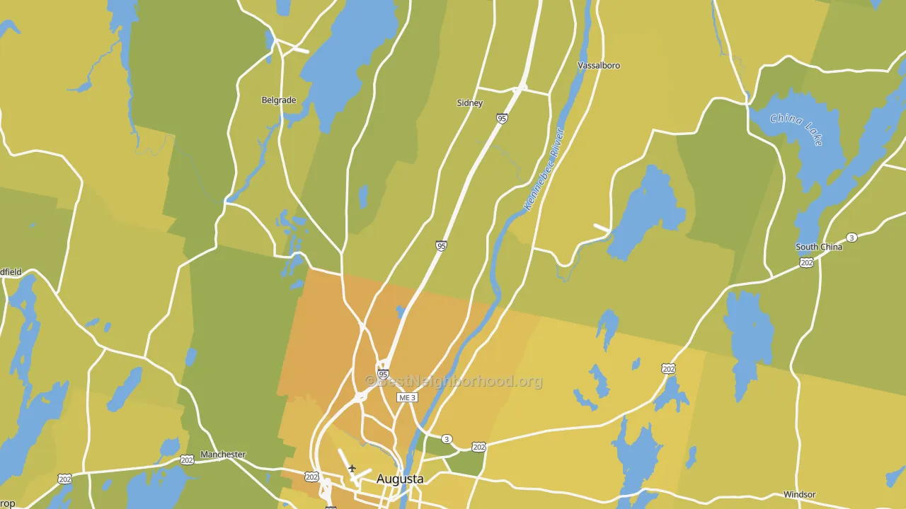 Map of the best neighborhoods in the Kennebec County area, with better matches in green and worse matches in red