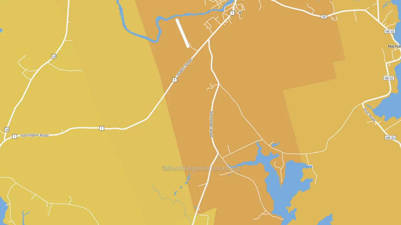 Map of the best neighborhoods in the Kennebec area, with better matches in green and worse matches in red