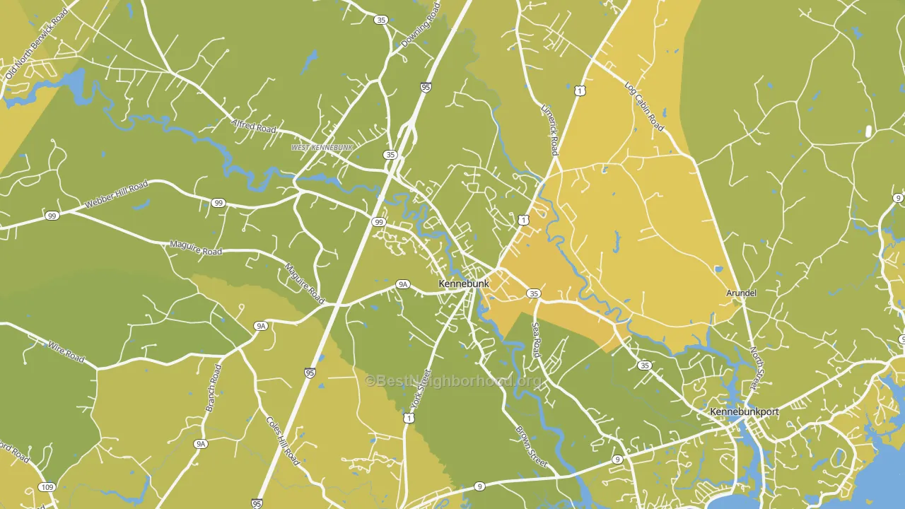 Map of the best neighborhoods in the Kennebunk area, with better matches in green and worse matches in red