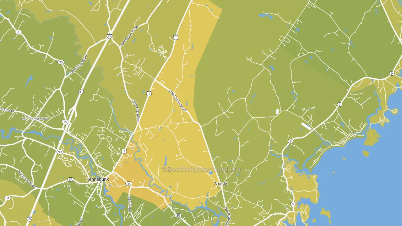 Map of the best neighborhoods in the Kennebunkport area, with better matches in green and worse matches in red