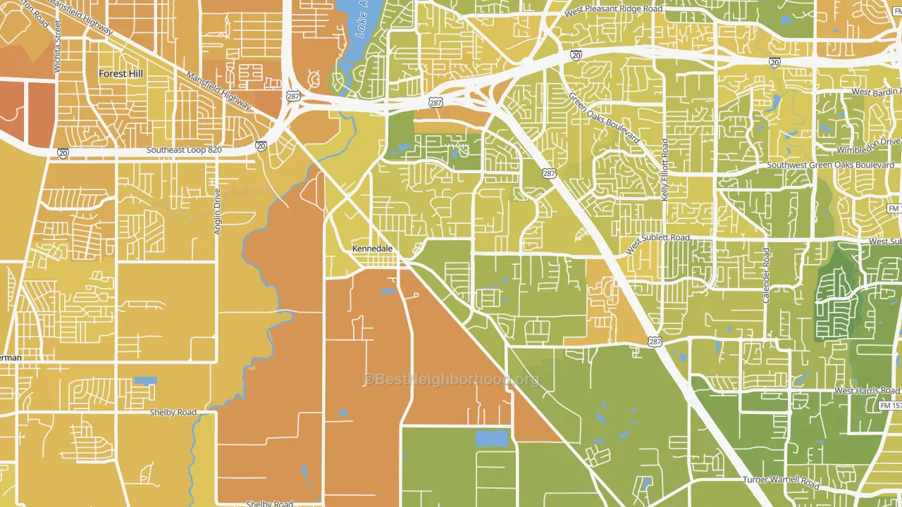 Map of the best neighborhoods in the Kennedale area, with better matches in green and worse matches in red