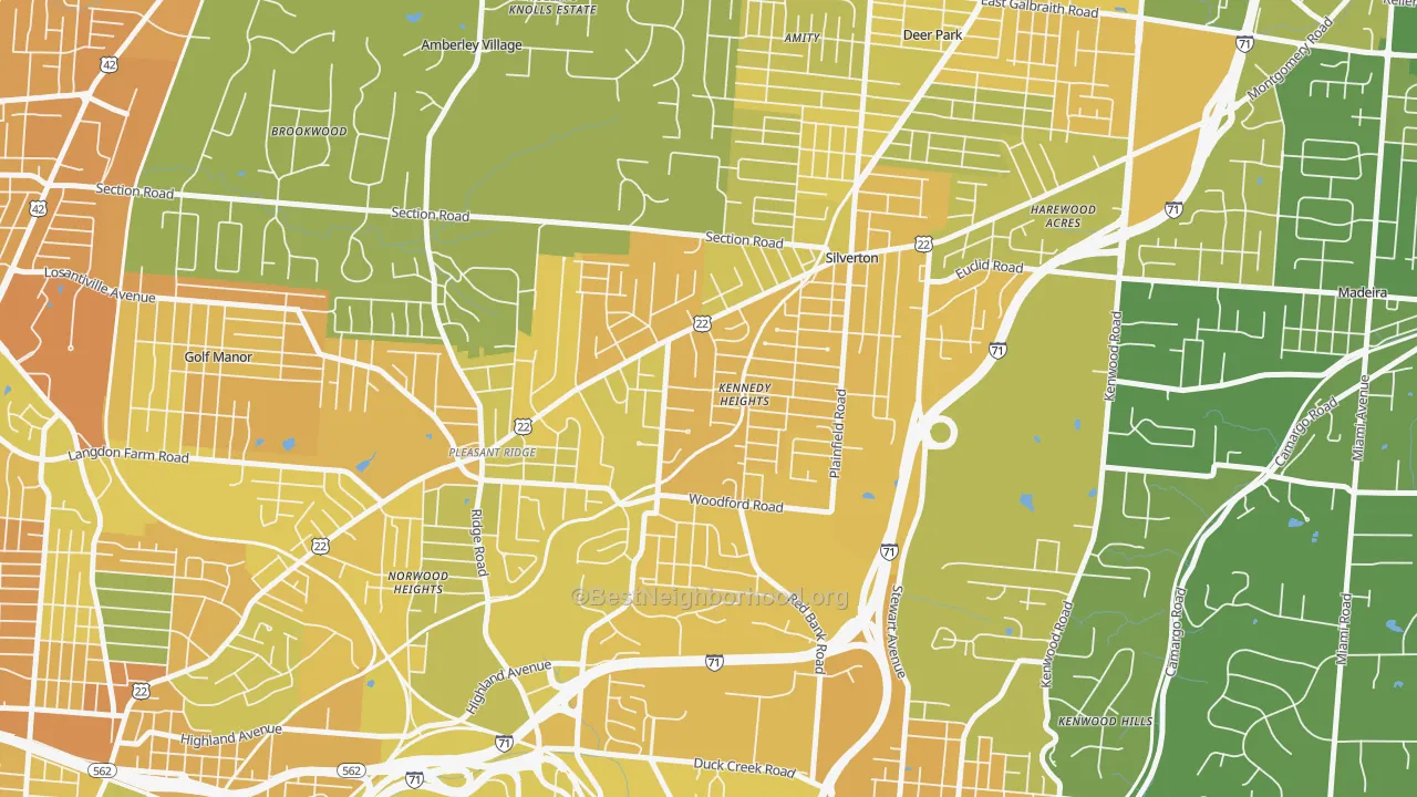 Map of the best neighborhoods in the Kennedy Heights, Cincinnati area, with better matches in green and worse matches in red