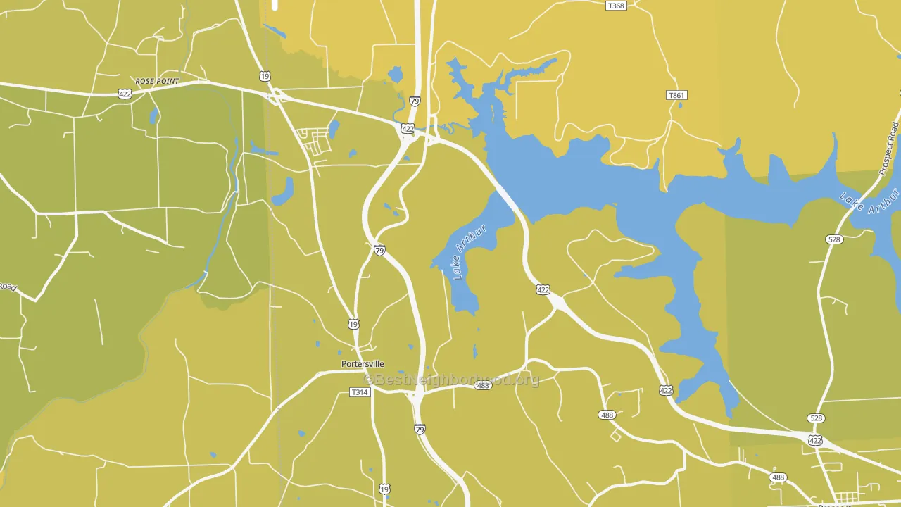 Map of the best neighborhoods in the Kennedy Mill area, with better matches in green and worse matches in red