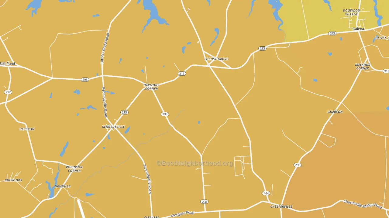 Map of the best neighborhoods in the Kennedyville area, with better matches in green and worse matches in red
